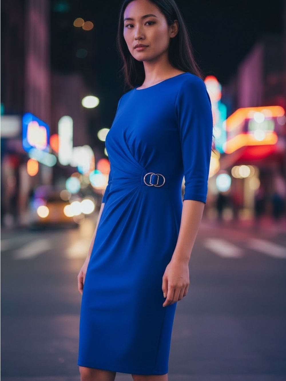 Elegant Cobalt Blue Midi Sheath Dress with Waist Buckle - Work & Play